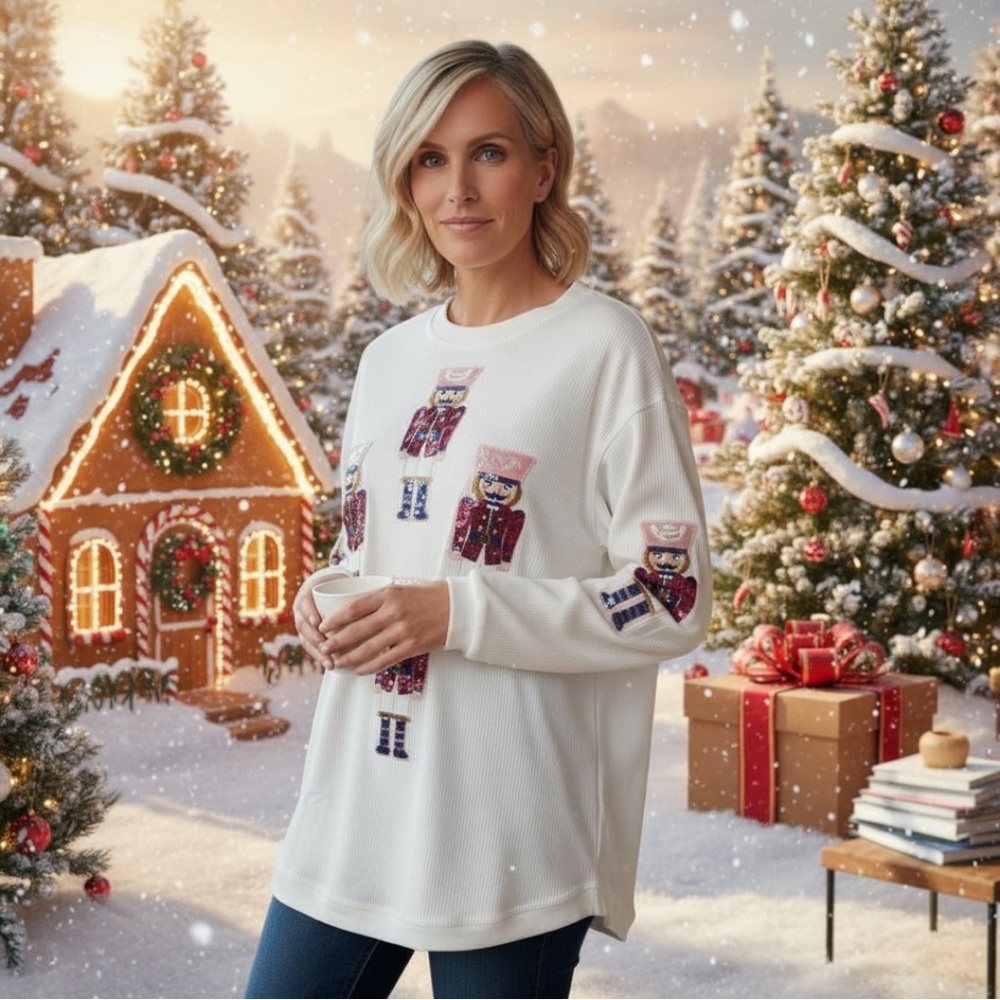 White corded sequin soldier holiday top S M L XL 2XL